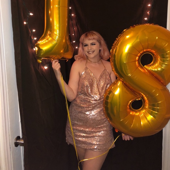 SOLD Backless Rose Gold Sequin Mini Dress - Picture 3 of 3